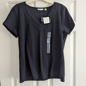 Liz CLaiborn Short Sleeve V Neck Tee with Lace - Navy Blue- SIze L - NWT